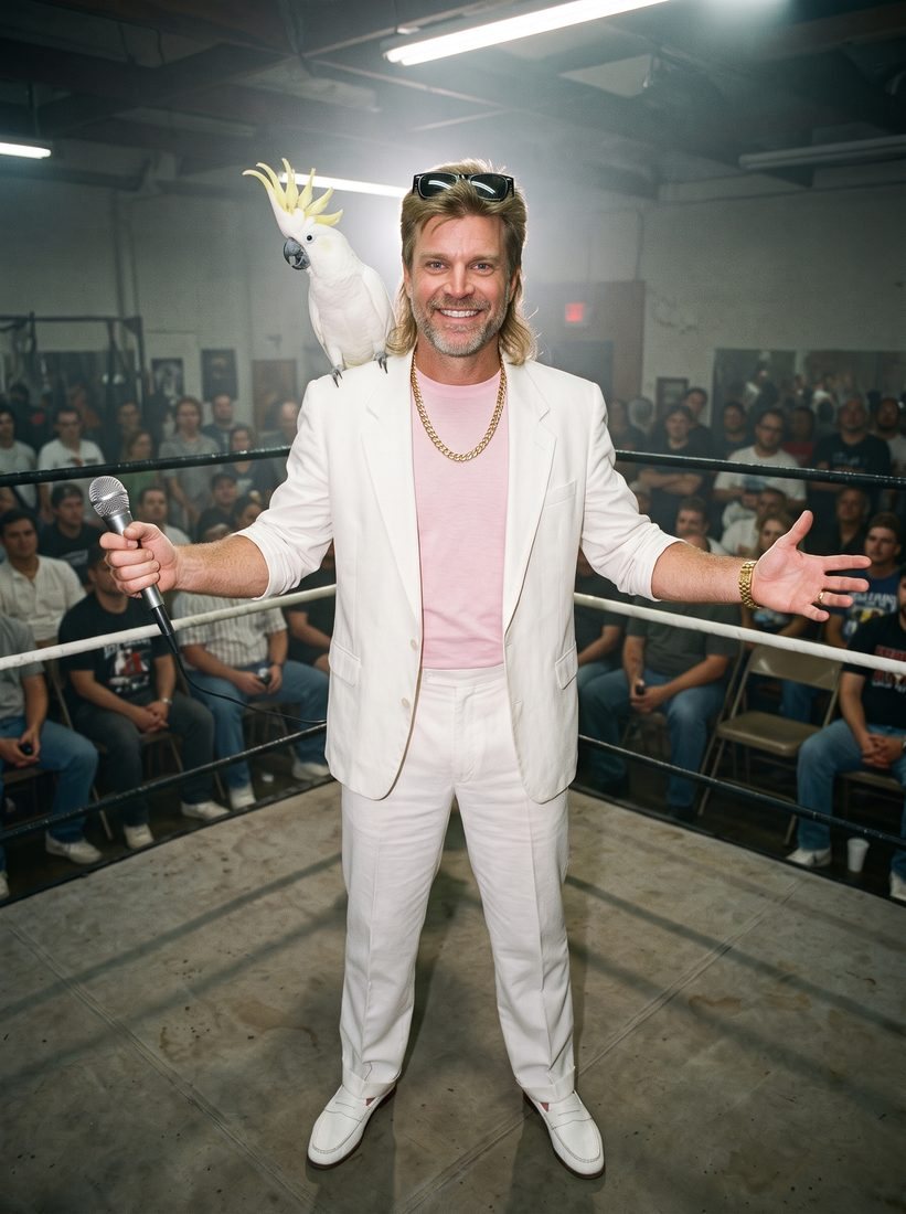 Commissioner Manny Mayhem in a white suit and pink shirt with a gold chain, holding a microphone, Mr. Feathers on his shoulder